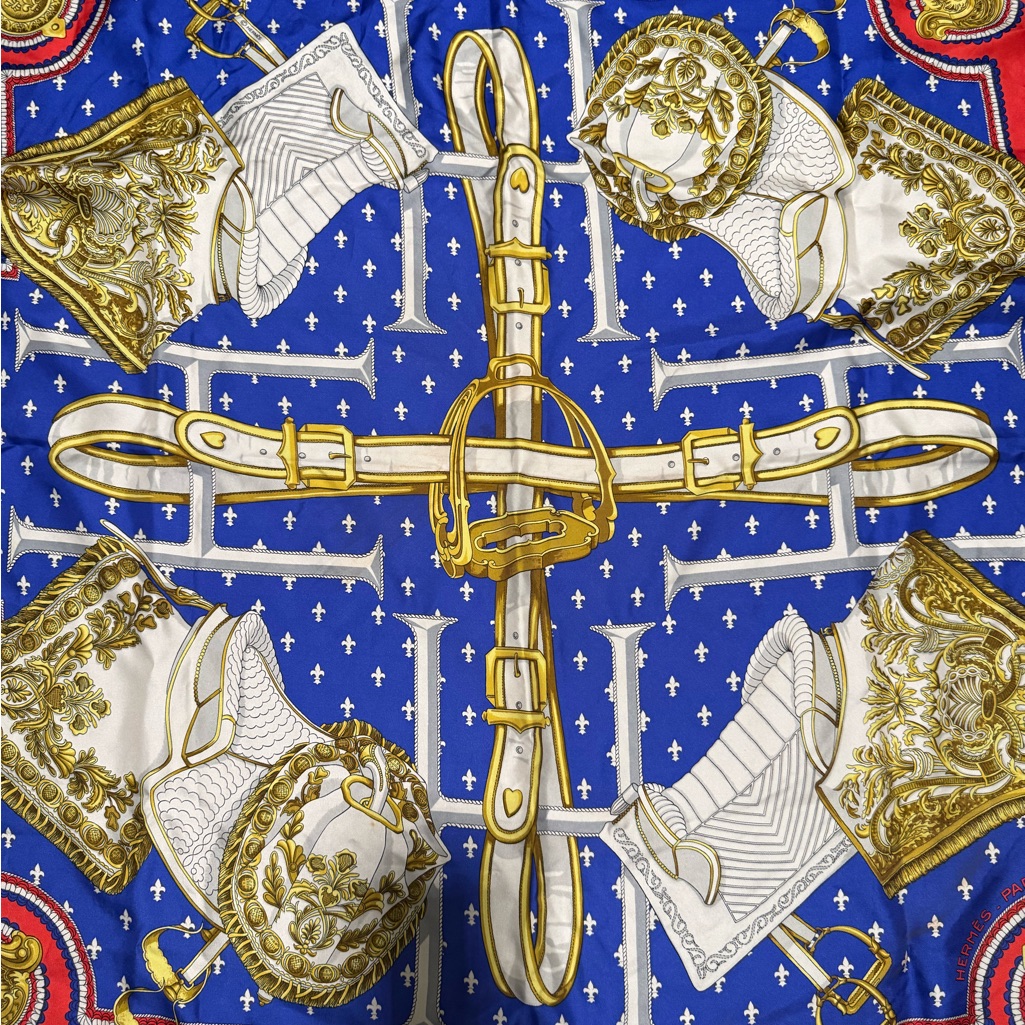 Herms Blue And Gold Equestrian 100 Silk Scarf